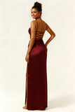 Burgundy Mermaid Ruched Satin Long Bridesmaid Dress with Slit