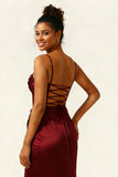 Burgundy Mermaid Ruched Satin Long Bridesmaid Dress with Slit