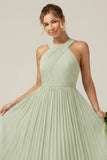 Dusty Sage A Line Halter Pleated Long Bridesmaid Dress