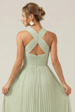 Dusty Sage A Line Halter Pleated Long Bridesmaid Dress