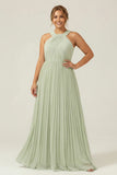 Halter A Line Dusty Sage Pleated Long Plus Size Bridesmaid Dress