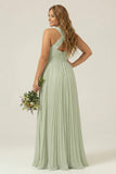 Halter A Line Dusty Sage Pleated Long Plus Size Bridesmaid Dress