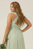 Halter A Line Dusty Sage Pleated Long Plus Size Bridesmaid Dress