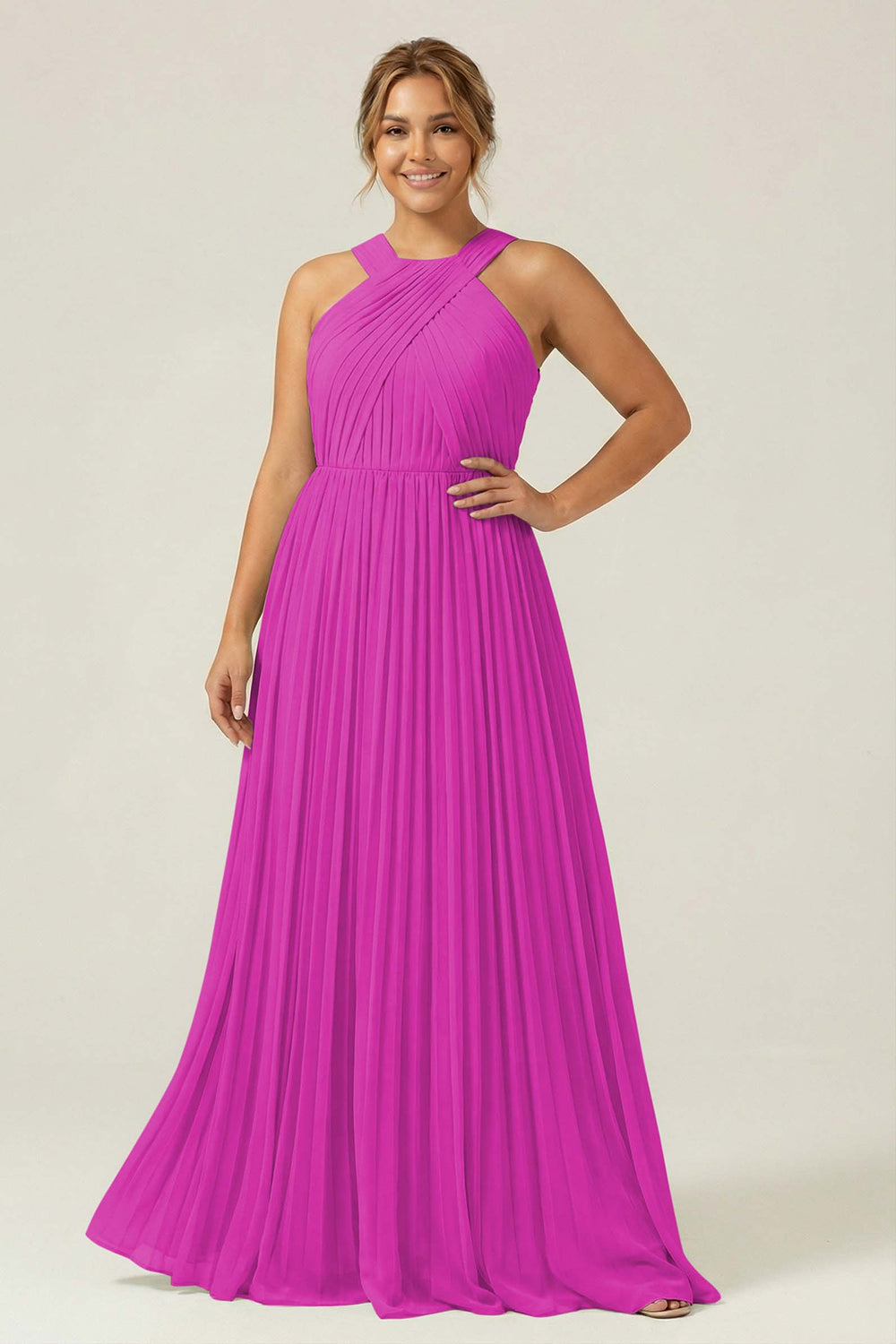 WEDTREND Women Dusty Sage Halter Bridesmaid Dress A Line Pleated Long Plus Size Wedding Guest Dress, Fuchsia / US12