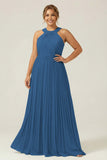 Halter A Line Dusty Sage Pleated Long Plus Size Bridesmaid Dress