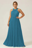 Halter A Line Dusty Sage Pleated Long Plus Size Bridesmaid Dress