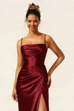Burgundy Mermaid Ruched Satin Long Bridesmaid Dress with Slit