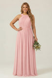 Dusty Sage Plus Size Halter A Line Chiffon Long Bridesmaid Dress