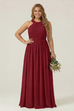 Dusty Sage Plus Size Halter A Line Chiffon Long Bridesmaid Dress