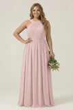 Dusty Sage Plus Size Halter A Line Chiffon Long Bridesmaid Dress