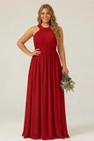 Dusty Sage Plus Size Halter A Line Chiffon Long Bridesmaid Dress