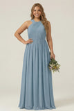 Dusty Sage Plus Size Halter A Line Chiffon Long Bridesmaid Dress