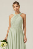 Dusty Sage A Line Halter Chiffon Long Bridesmaid Dress