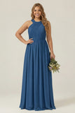 Dusty Sage Plus Size Halter A Line Chiffon Long Bridesmaid Dress