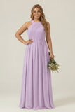 Dusty Sage Plus Size Halter A Line Chiffon Long Bridesmaid Dress