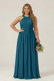Dusty Sage Plus Size Halter A Line Chiffon Long Bridesmaid Dress
