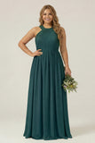 Dusty Sage Plus Size Halter A Line Chiffon Long Bridesmaid Dress