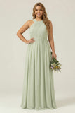 Dusty Sage Plus Size Halter A Line Chiffon Long Bridesmaid Dress