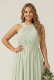 Dusty Sage Plus Size Halter A Line Chiffon Long Bridesmaid Dress