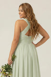 Dusty Sage Plus Size Halter A Line Chiffon Long Bridesmaid Dress