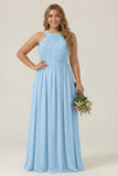 Dusty Sage Plus Size Halter A Line Chiffon Long Bridesmaid Dress