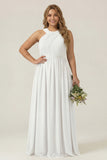Dusty Sage Plus Size Halter A Line Chiffon Long Bridesmaid Dress