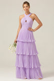 Lilac Halter Keyhole A Line Tiered Ruffle Pleated Bridesmaid Dress