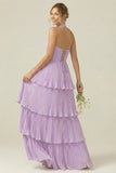 Lilac Halter Keyhole A Line Tiered Ruffle Pleated Bridesmaid Dress