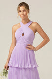 Lilac Halter Keyhole A Line Tiered Ruffle Pleated Bridesmaid Dress
