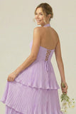 Lilac Halter Keyhole A Line Tiered Ruffle Pleated Bridesmaid Dress