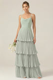 Dusty Sage Cowl Neck A Line Tiered Pleated Long Bridesmaid Dress