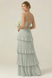 Dusty Sage Cowl Neck A Line Tiered Pleated Long Bridesmaid Dress