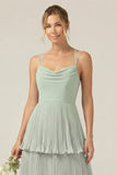 Dusty Sage Cowl Neck A Line Tiered Pleated Long Bridesmaid Dress