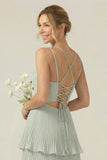 Dusty Sage Cowl Neck A Line Tiered Pleated Long Bridesmaid Dress