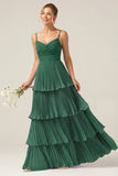 Dark Green A Line Ruched Pleated Spaghetti Straps Tiered Bridesmaid Dress
