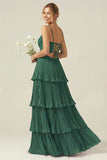 Dark Green A Line Ruched Pleated Spaghetti Straps Tiered Bridesmaid Dress