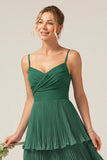 Dark Green A Line Ruched Pleated Spaghetti Straps Tiered Bridesmaid Dress