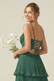 Dark Green A Line Ruched Pleated Spaghetti Straps Tiered Bridesmaid Dress