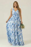 Blue Floral Printed A Line V Neck Long Bridesmaid Dress