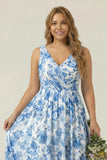 Blue Floral Printed A Line V Neck Long Bridesmaid Dress