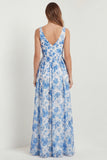Blue Floral Printed A Line V Neck Long Bridesmaid Dress