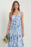 Blue Floral Printed A Line V Neck Long Bridesmaid Dress