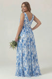 Blue Floral Printed A Line V Neck Long Bridesmaid Dress