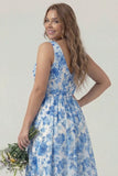 Blue Floral Printed A Line V Neck Long Bridesmaid Dress