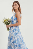 Blue Floral Printed A Line V Neck Long Bridesmaid Dress