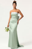 Green Strapless Mermaid Long Bridesmaid Dress with Bow