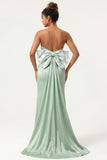 Green Strapless Mermaid Long Bridesmaid Dress with Bow
