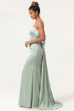 Green Strapless Mermaid Long Bridesmaid Dress with Bow