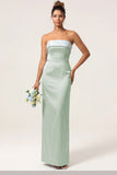 Green Flower Sheath Strapless Satin Long Bridesmaid Dress with Bow