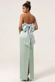 Green Flower Sheath Strapless Satin Long Bridesmaid Dress with Bow